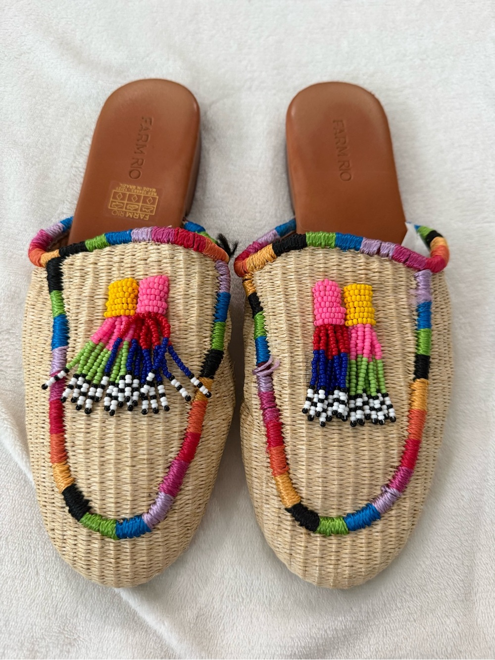 Farm Rio Multicolor Beaded Raffia Slip-On Mules - Natural 9
